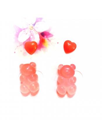 Набор бижутерии: серьги пуссеты "Сердечки" красные + "Мишки" розовые